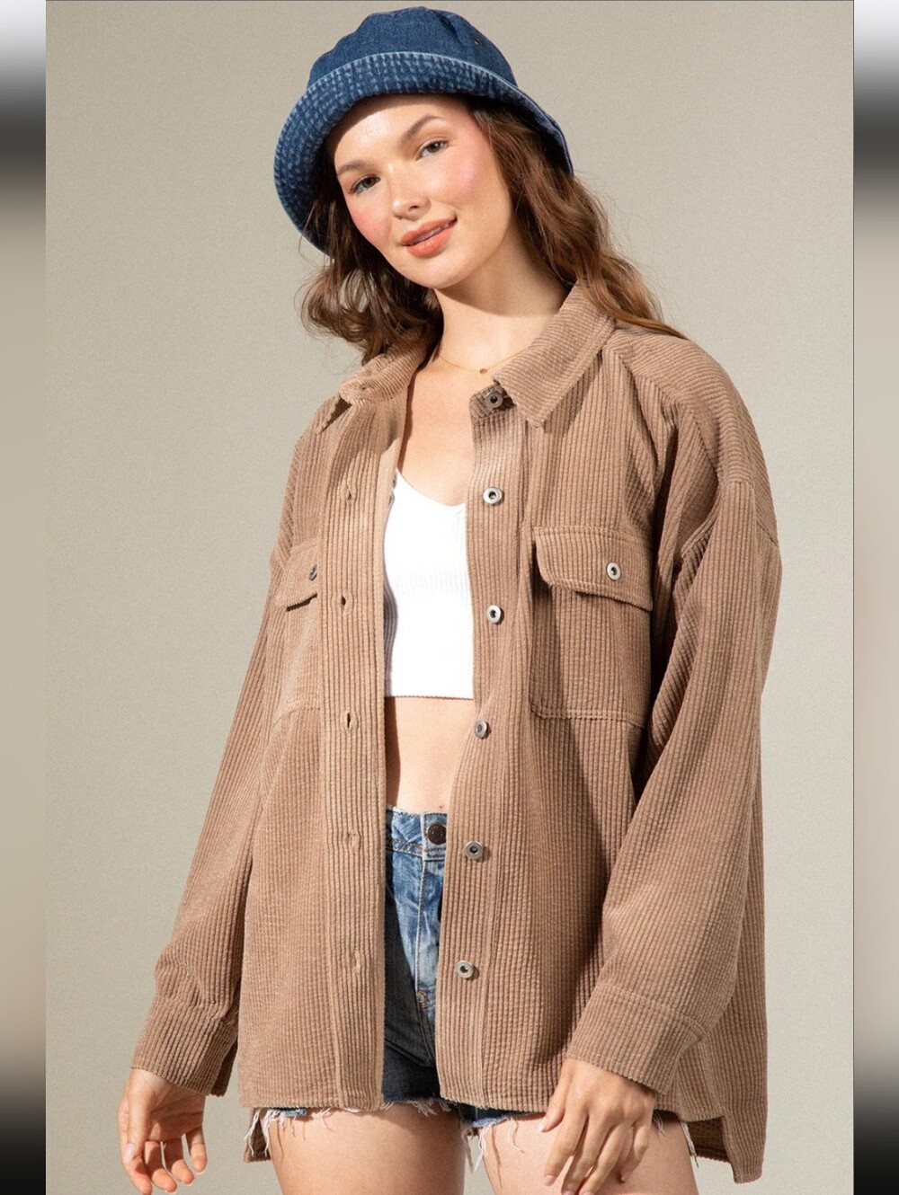 Forever 21 Women's Tan Corduroy Jacket Button-Front Shacket Pockets Small